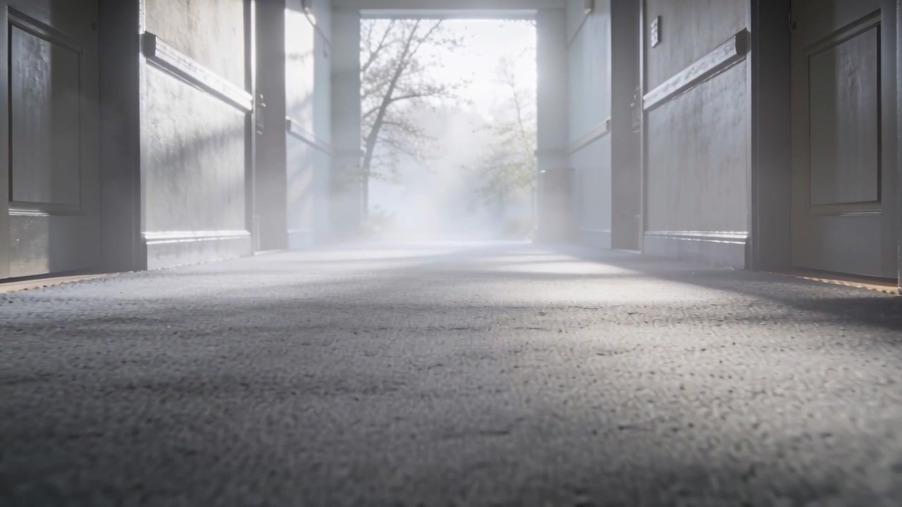 Revealing carpeted corridor floor, mist drifting inward from open doorway, sunlight cutting doors