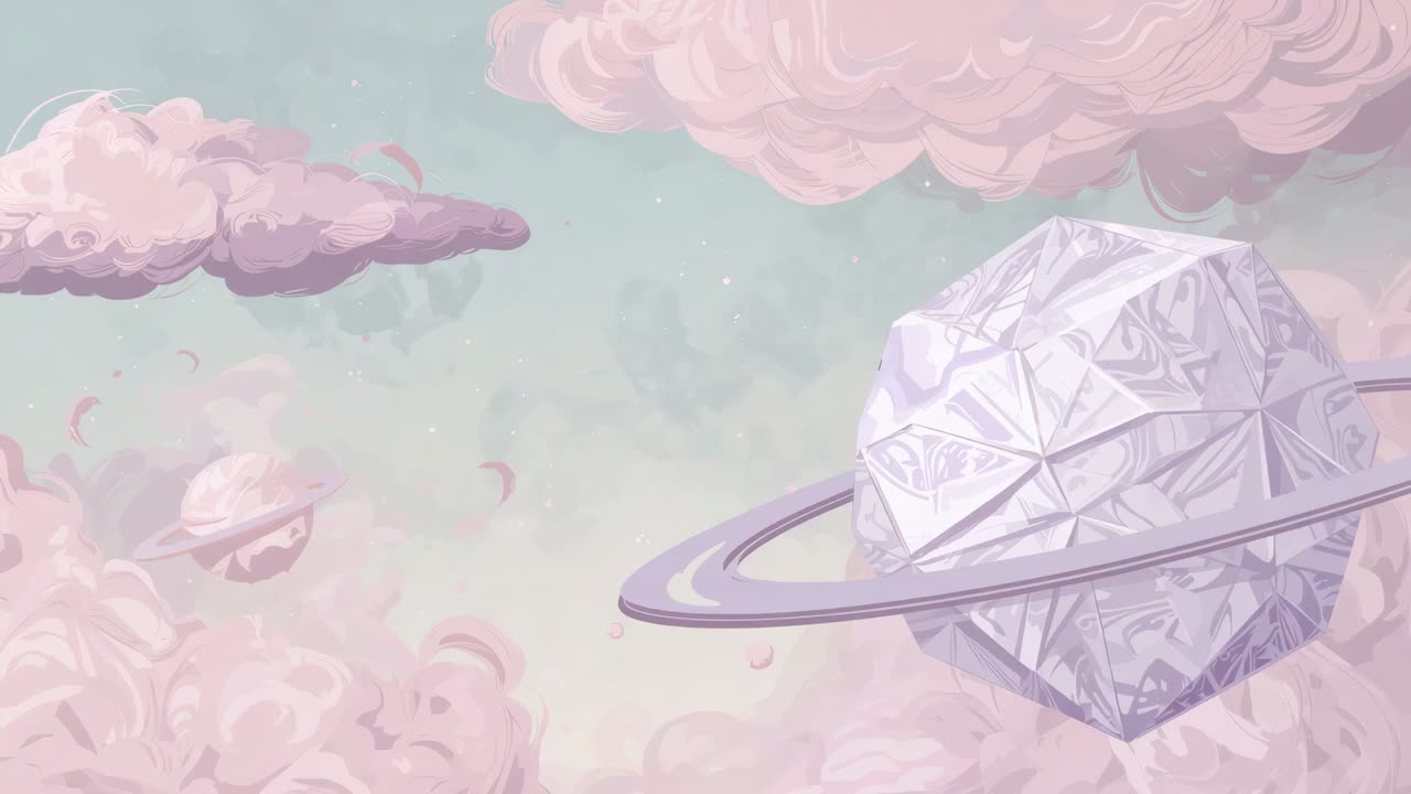 Entering view, ringed polyhedron rotating slowly through pink clouds, with swirling petal fragments