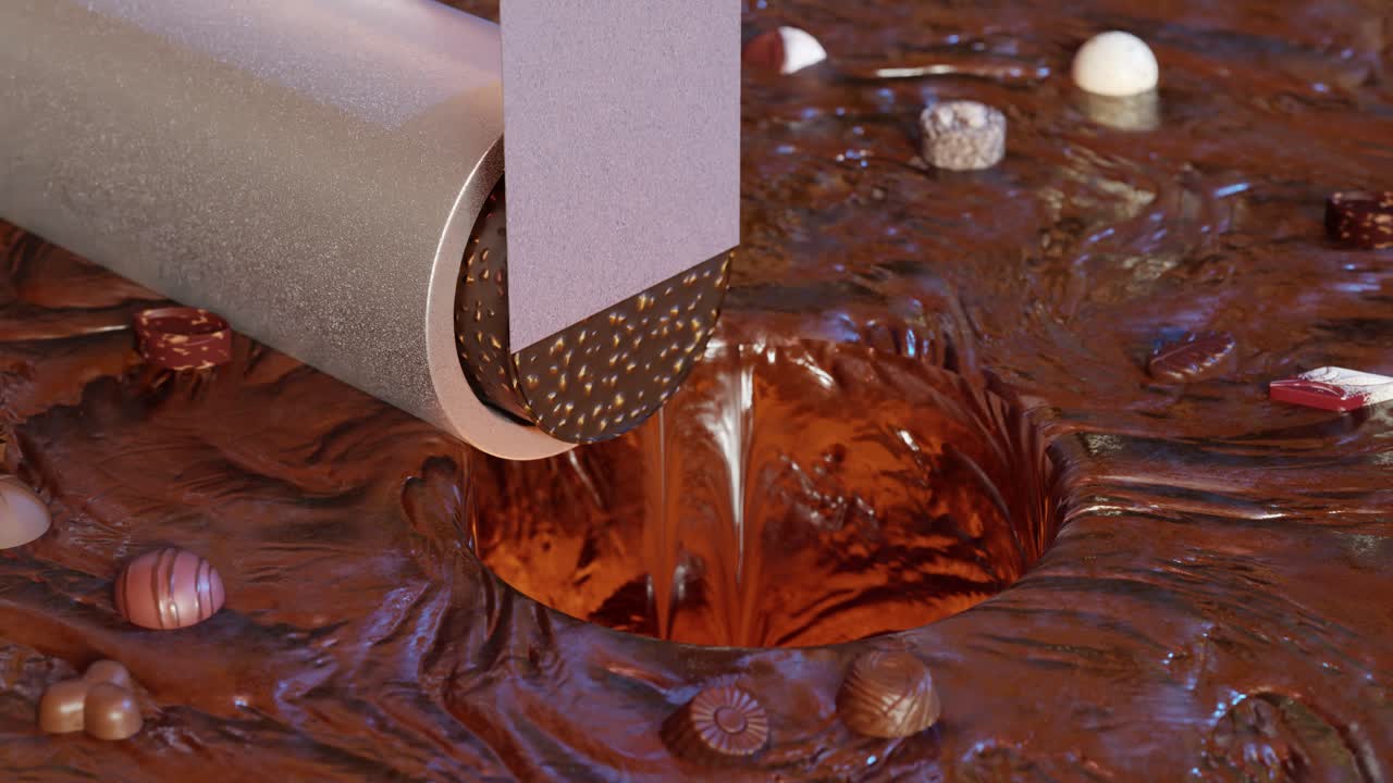 3D rendering loop of sharp blade smoothly cutting chocolate