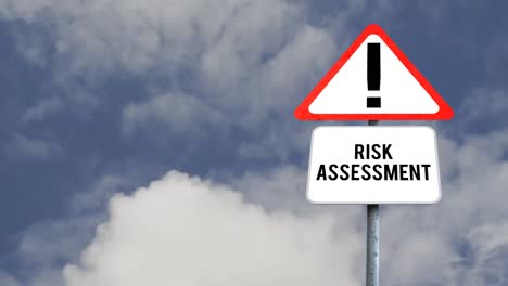 Attention-signboard-post-with-risk-assessment-text-against-clouds-in-the-blue-sky