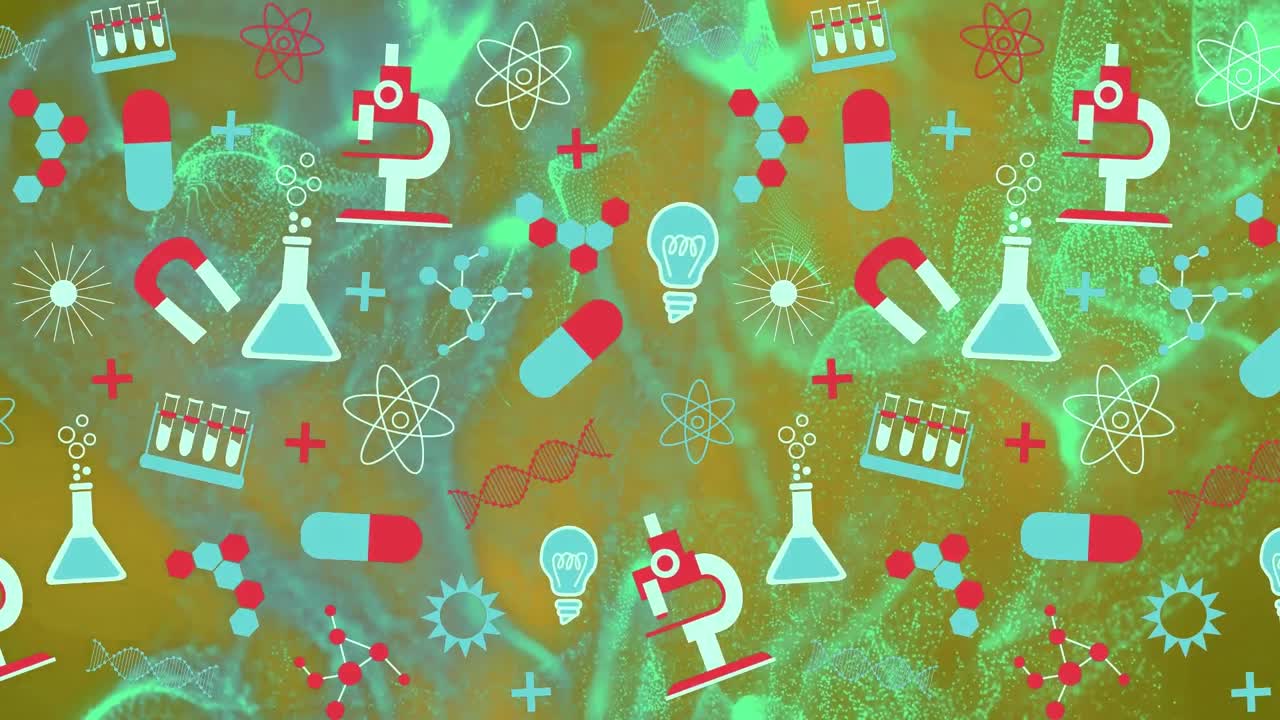 초록색 배경 위에 학교 물건과 에너지의 애니메이션