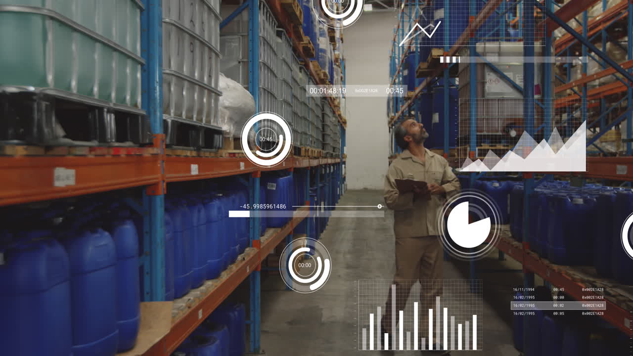 animación de barras de carga y gráficos sobre hombre biracial con lista de control contando contenedor en los estantes.