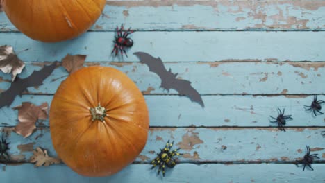 Close-up-view-of-pumpkins,-spider-and-bat-toy-on-blue-wooden-surface