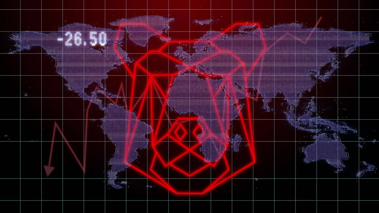 mapa del mundo con formas geométricas rojas y animación de números sobre fondo de cuadrícula