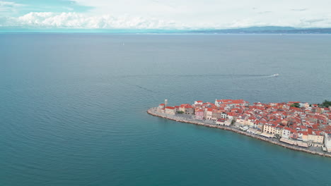 approaching drone footage of the cape of the old town of piran in slovenia