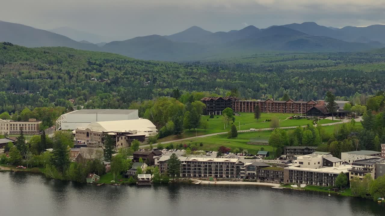 Aerial pan view of Lake Placid New York