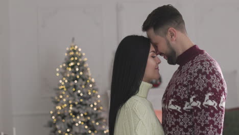 romantic couple talking together while standing in front of each on christmas at home