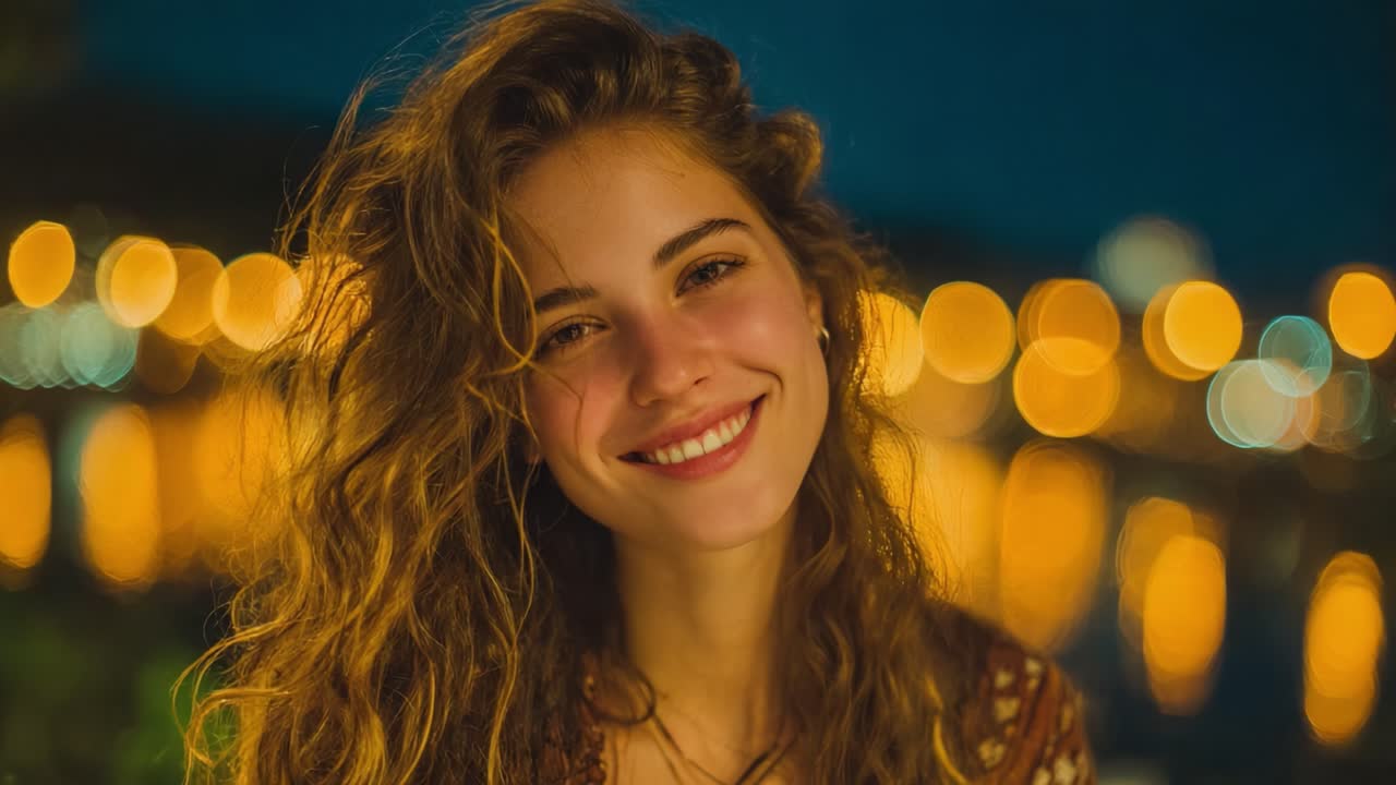 A radiant woman with curly hair smiles warmly against a backdrop of shimmering bokeh lights, capturing a moment of joy and serenity during a night out
