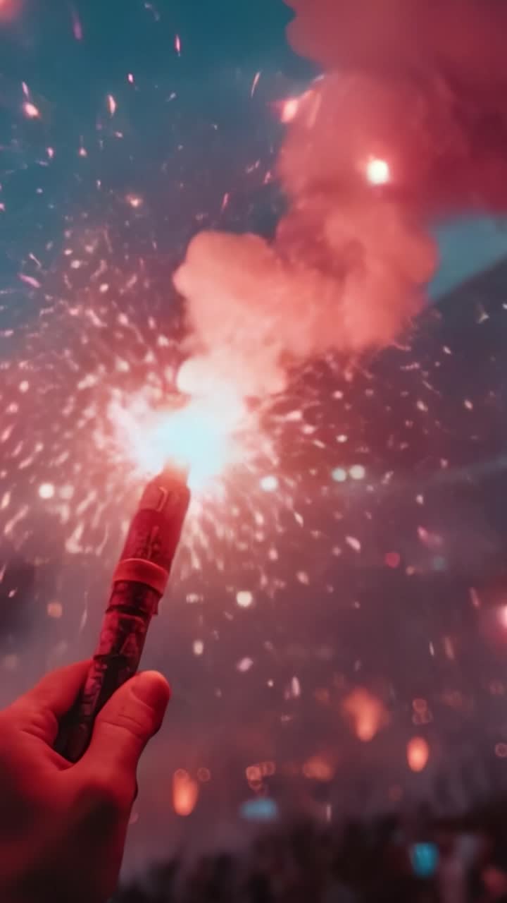 Vibrant Celebration with Fiery Flares: Capturing the Moment of Joy and Excitement in a Lively Atmosphere Filled with Colorful Smoke and Sparks