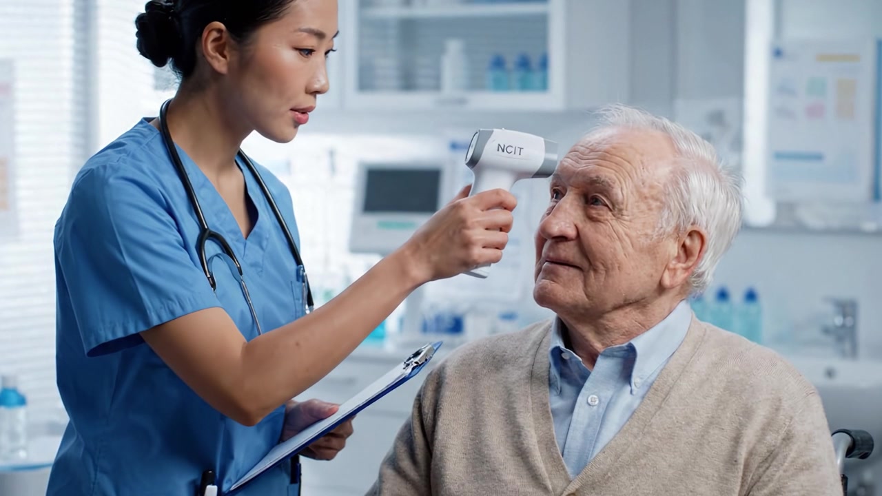 A Compassionate Healthcare Worker Engages with an Elderly Patient During a Medical Examination in a Bright and Well-Equipped Health Clinic Environment