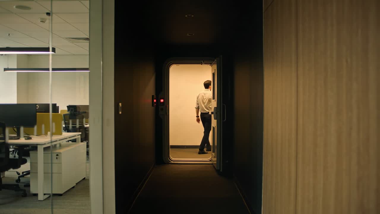 Walking worker wearing light shirt, dark pants leaving lit office into dim corridor touching handle