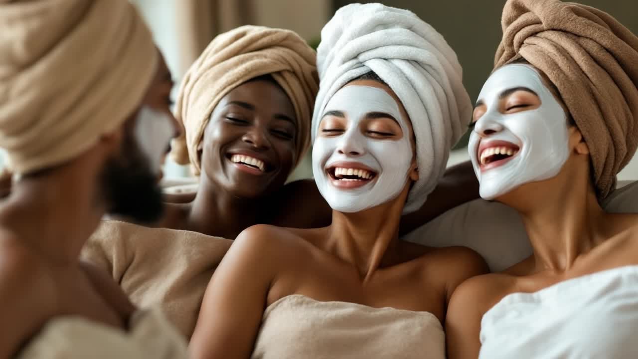 Multiculturele vrienden dragen handdoekturbans, scheppen een band terwijl ze een kleimasker aanbrengen, en delen samen een vreugdevol huidverzorgingsmoment.