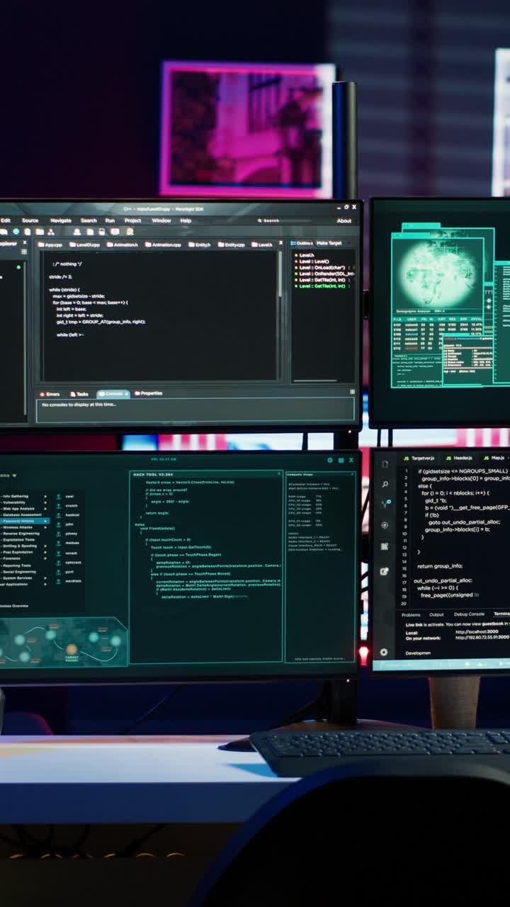 Vertical video High tech computer system running malicious code in empty apartment