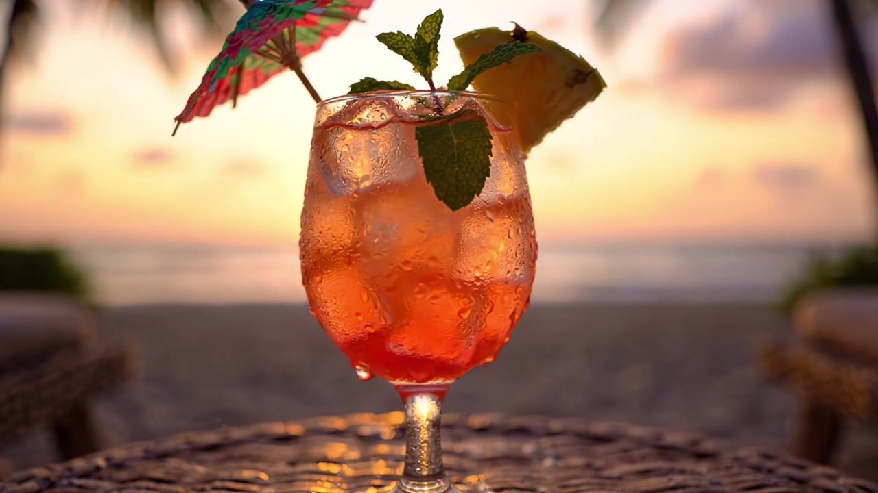 Un cocktail tropicale rinfrescante con un ombrellino colorato e guarnizioni fresche su uno sfondo di un tramonto mozzafiato sulla spiaggia