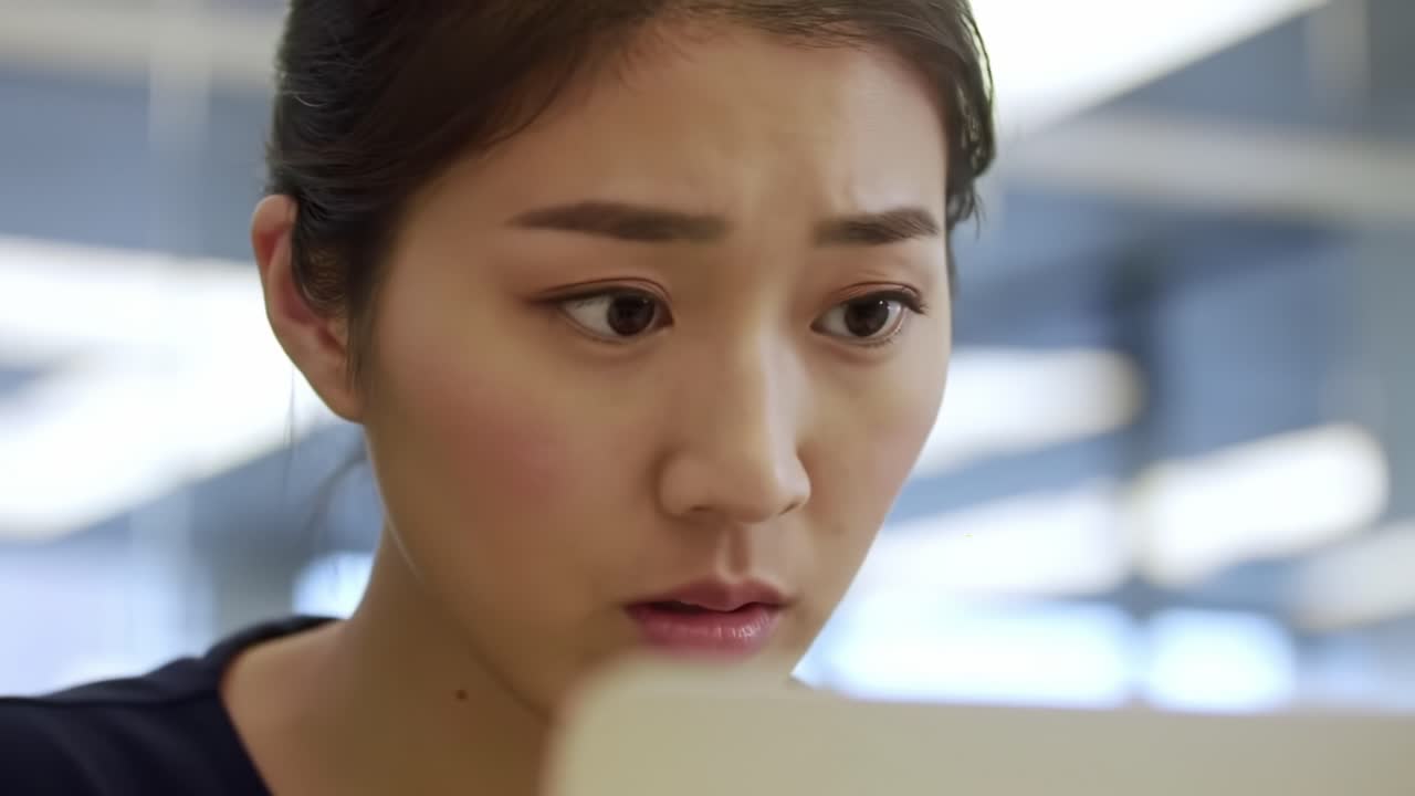 A young woman intensely focused on her computer screen, showcasing emotions of concentration and curiosity while navigating through digital content in a modern workspace