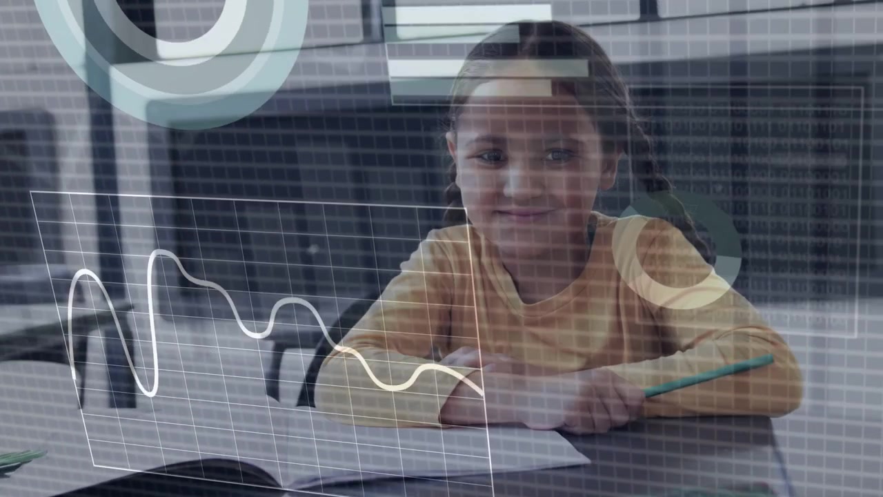 Student raising green pencil in school, overlays appearing evolving pie-line graph showing progress
