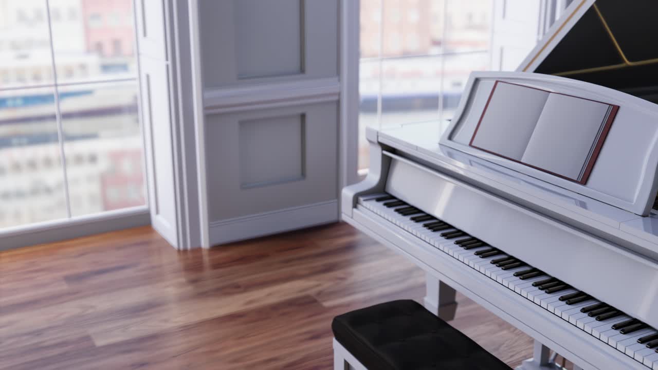 Elegante pianoforte a coda bianco in una stanza luminosa con luce solare.