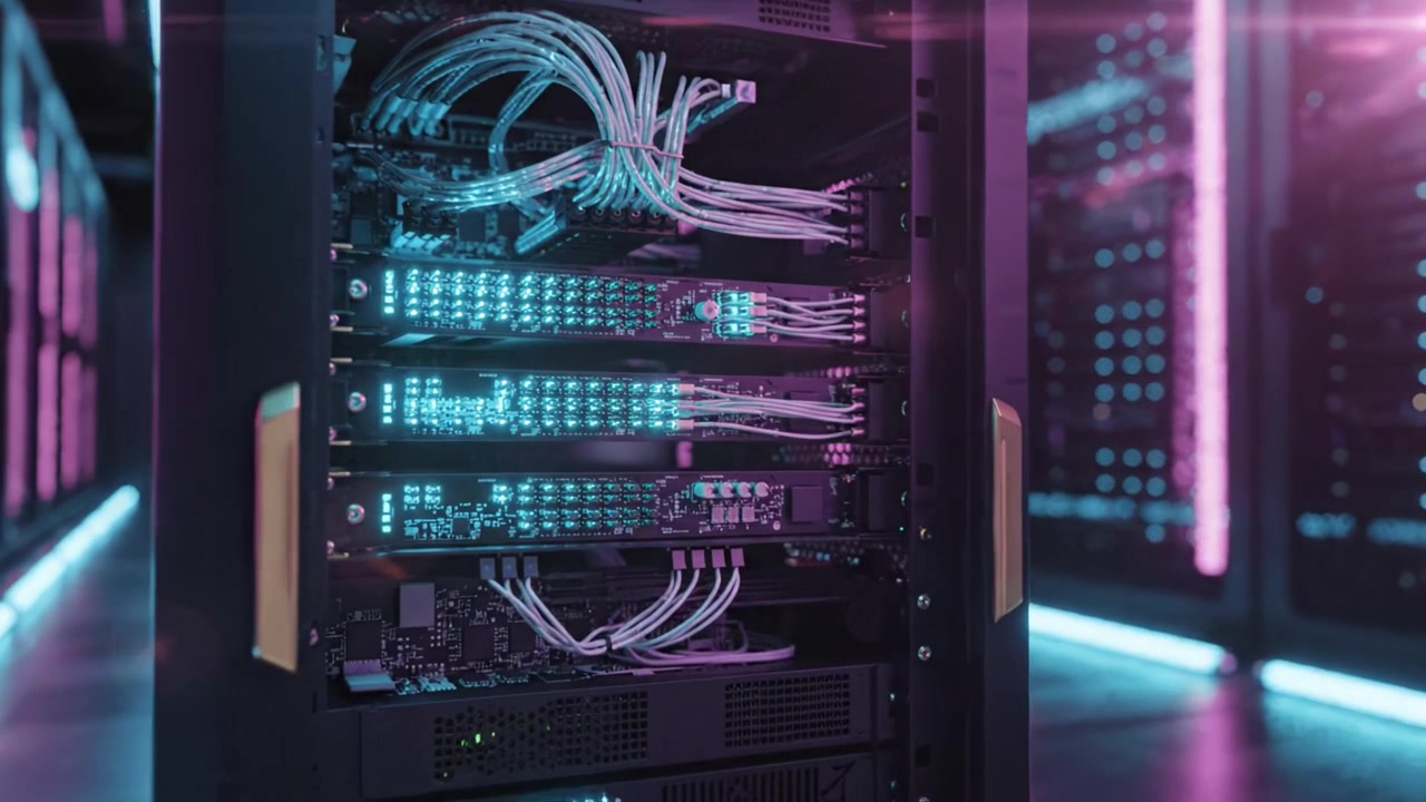 Futuristic Data Center with High-Tech Server Rack Surrounded by Vibrant Neon Lighting Showcasing Advanced Computer Technology and Modern Data Management Systems