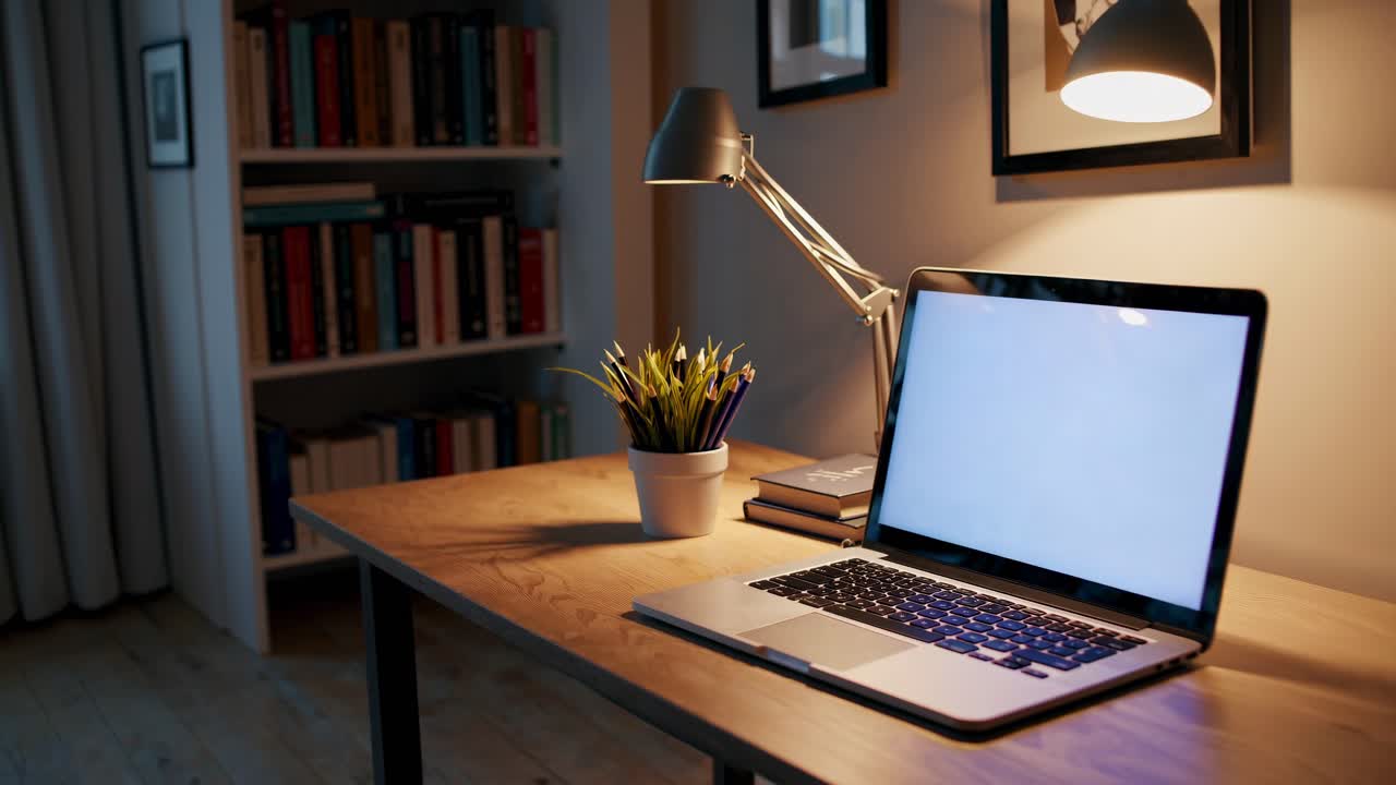 Cozy home office with a laptop on a wooden desk, warm lighting, and bookshelves