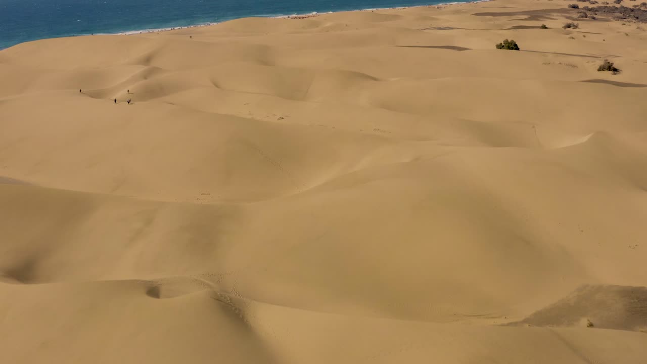 vuelo de drones sobre dunas y desierto con mar y playa, dunas de maspalomas, gran canaria