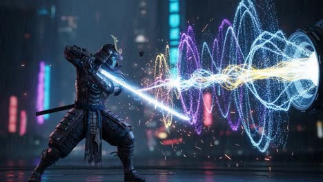 a skilled warrior wields a glowing sword, channeling vibrant energy waves in a dynamic battle scene set against a futuristic neon-lit cityscape during a rainy night