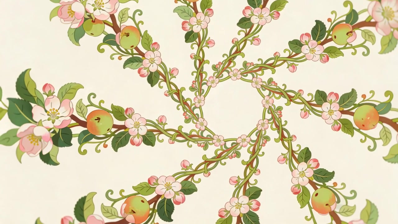 Spirale florale rotative balayant les tiges autour d'un vide central sur un studio crème pâle, montrant des pommes vertes