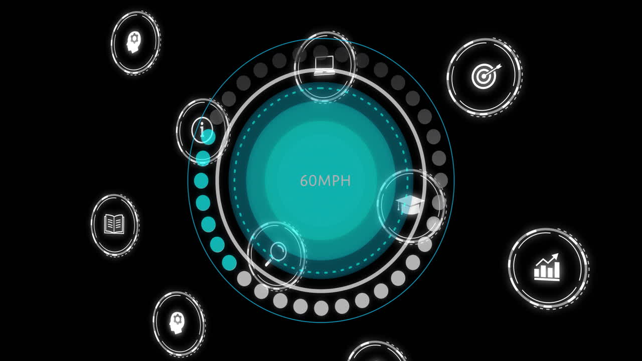 animación de iconos digitales y procesamiento de datos a través de escaneo de alcance en fondo negro
