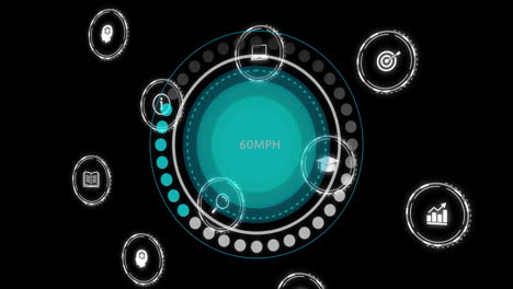 animación de iconos digitales y procesamiento de datos a través de escaneo de alcance en fondo negro