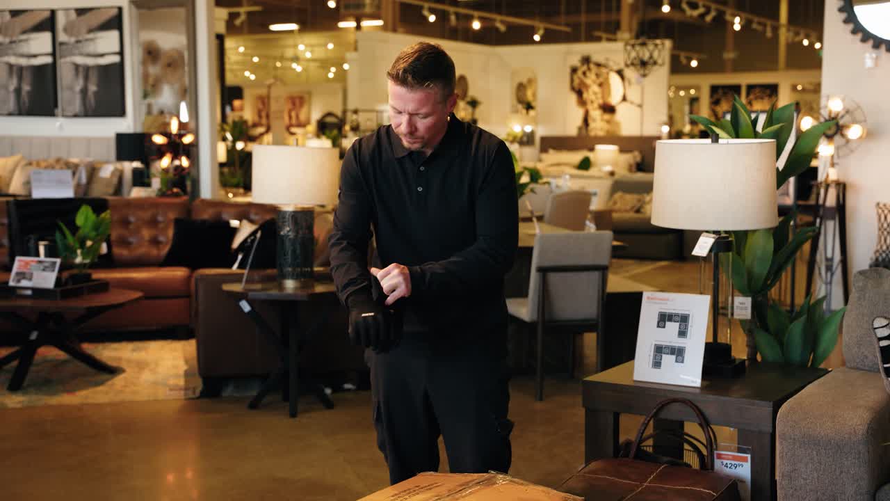 las sartenes de la cámara de una caja pesada al trabajador del almacén poniendo guantes negros para levantar