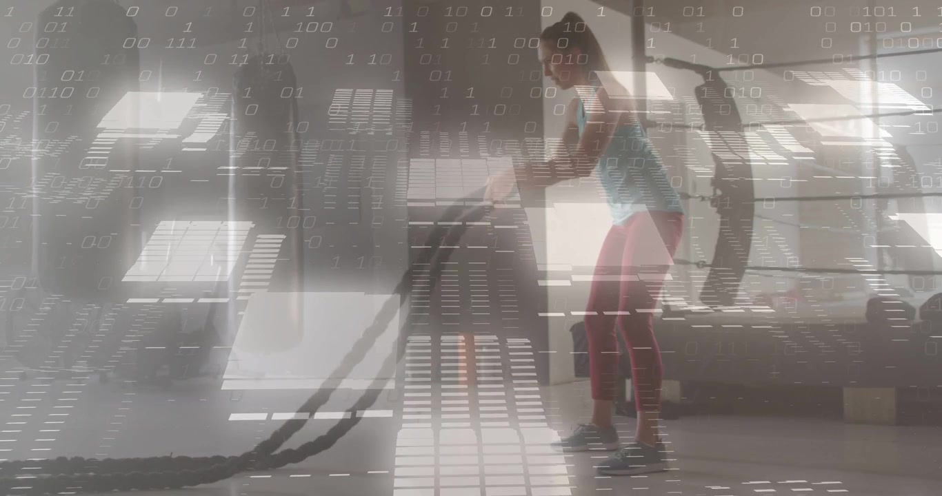Woman performing battle ropes in gym, gripping anchor, driving waves for fitness, grid glitching
