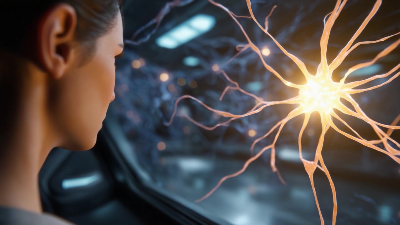 A woman observes intricate neuron activity through a window, showcasing a captivating view into the world of synapses and neural connections in a futuristic environment.