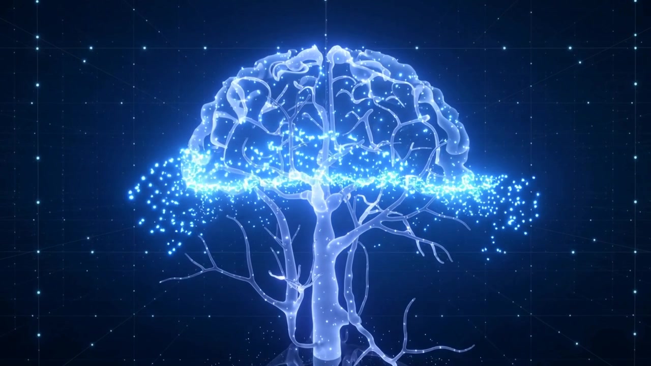 Cervello pulsante e luminoso in cima a un tronco ramificato che forma un anello blu, inviando scintille lungo i rami in una griglia.