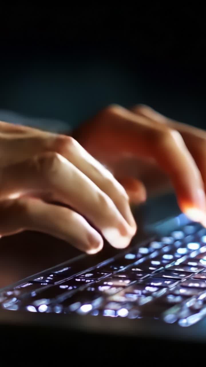Mani che digitano su una tastiera retroilluminata in un ambiente scarsamente illuminato, che mostrano concentrazione e coinvolgimento con i contenuti digitali e l'interazione tecnologica