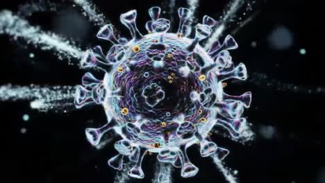 a detailed look at the molecular structure of a virus, highlighting its intricate surface features and interaction with surrounding particles in a captivating visual display