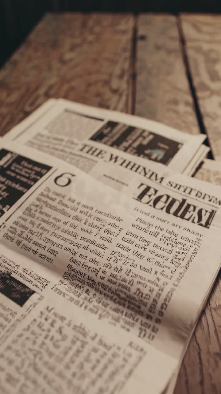 The video captures a vintage newspaper spread on a wooden table, evoking nostalgia with a warm