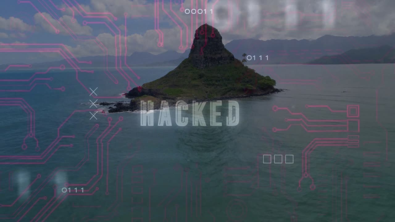 Circuit bits fading over sea initiating glitching HACKED pulsing above rising island signaling hack