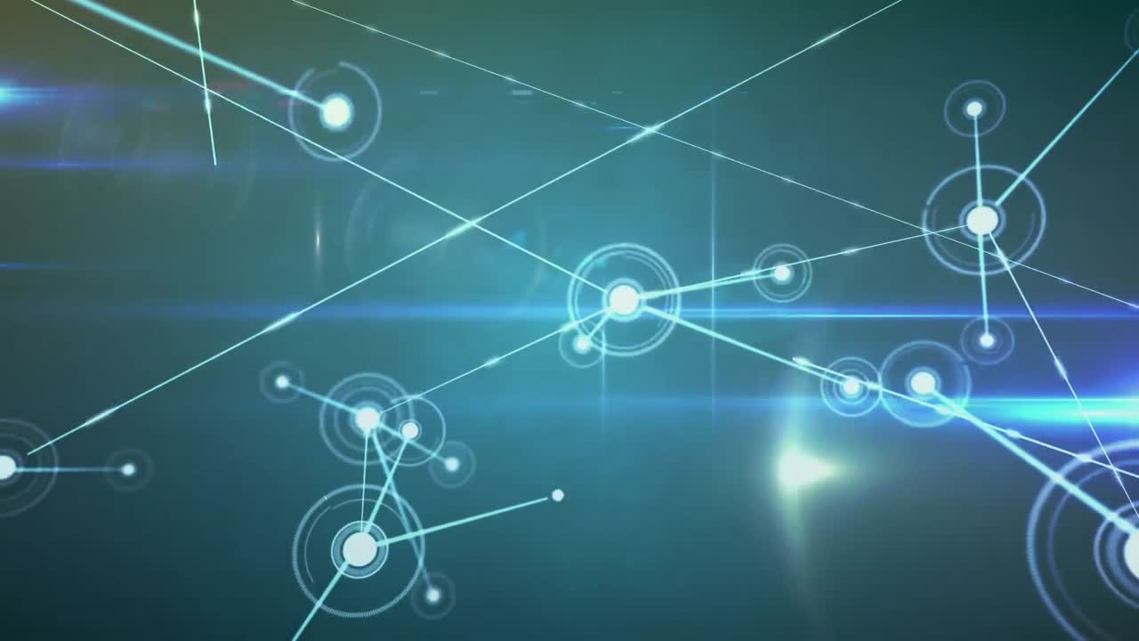 animación de la red de conexiones a través de senderos de luz azul contra fondo verde.