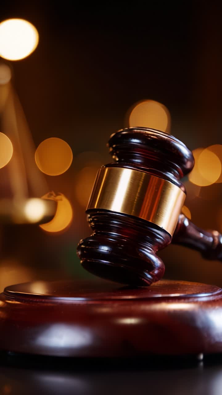 Primo piano di un martelletto su un blocco di legno con riflessi sfocati sullo sfondo, che rappresentano la giustizia e il sistema legale in un'aula di tribunale