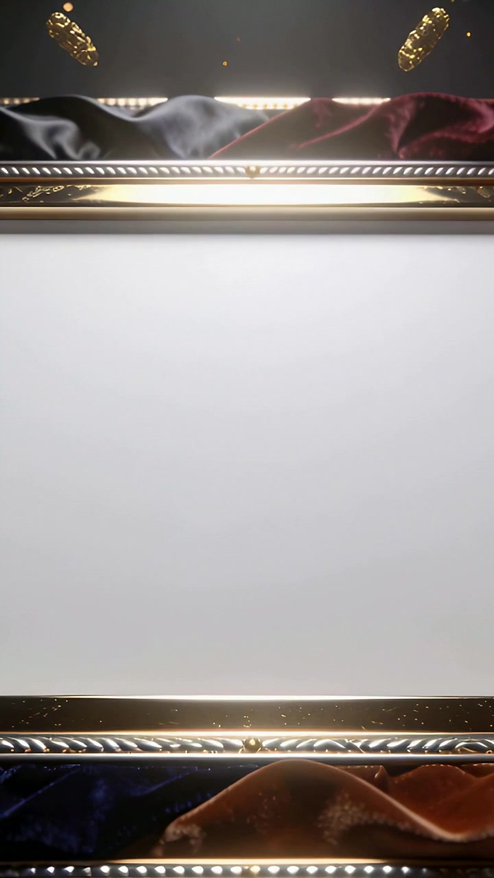 Video verticale: Scintille dorate iniziano a fluttuare sopra le guide dello studio, incorniciando un pannello per lo spettacolo.