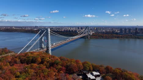 an aerial view over a park in fort lee, new jersey on a sunny day in autumn