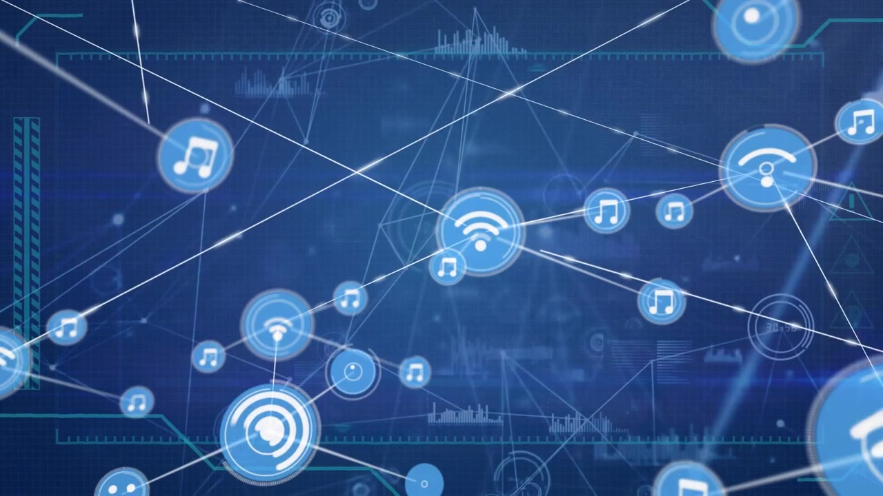 Digital Network Connection with Floating Music and Wi-Fi Icons