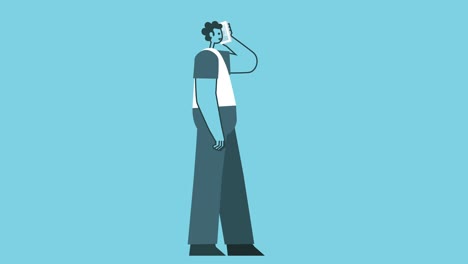 diseño plano gráfico hombre audaz personaje de dibujos animados caminando y llamar teléfono móvil circuito aislado animación 2d. luma mate.