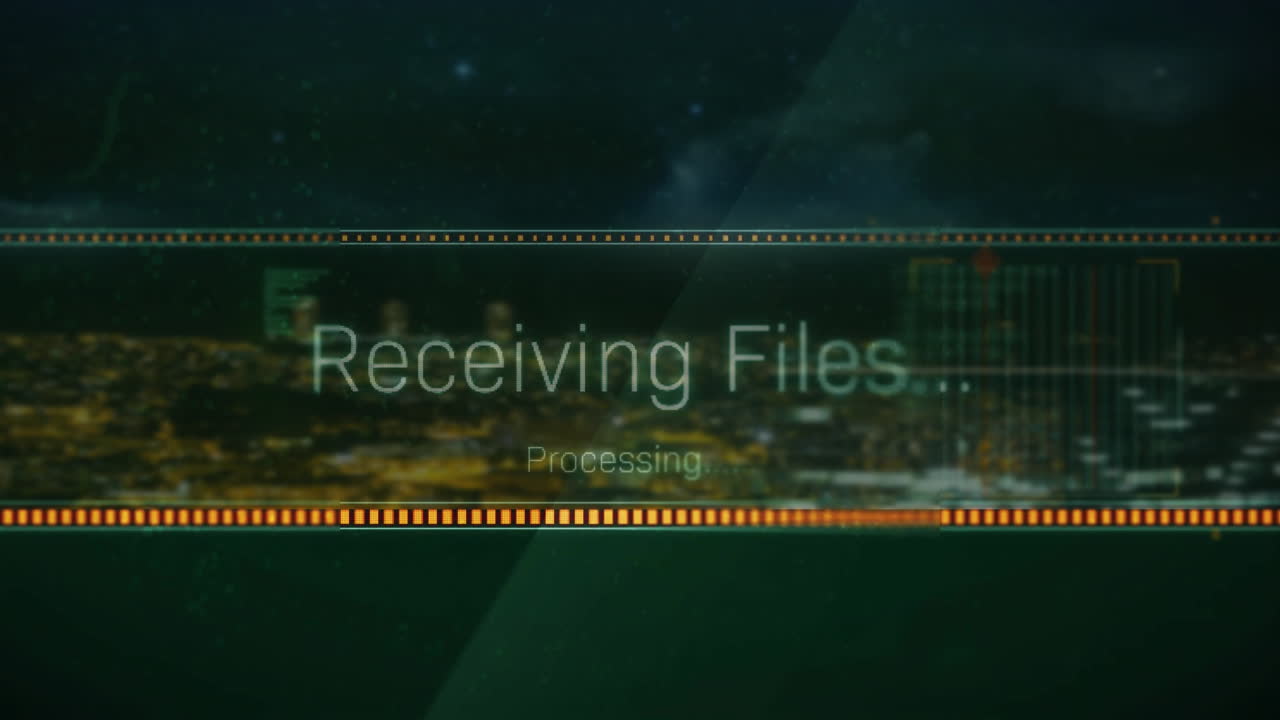 Cityscape at night with animated text overlay, showcasing urban atmosphere