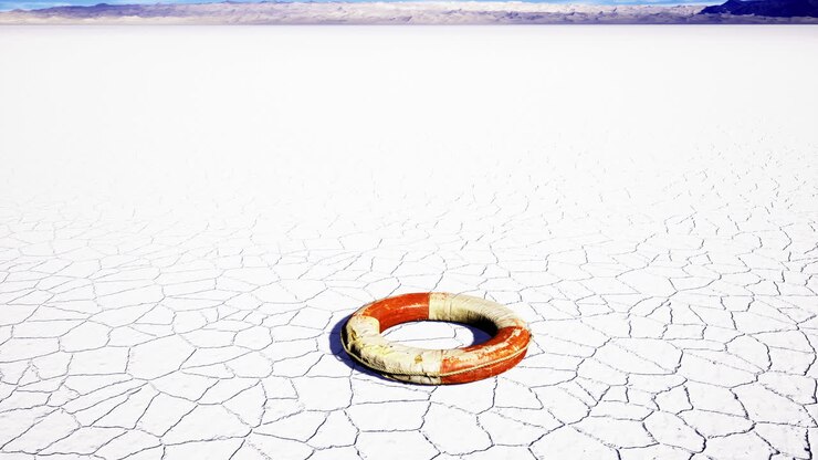 Lifebuoy rests on cracked ground under bright sunlight in a desolate area