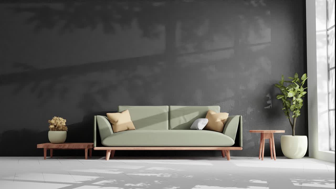 casa moderna casa inteligente animación renderización de la sala de estar entrenador con luz cálida y sombra de árbol que viene de la ventana