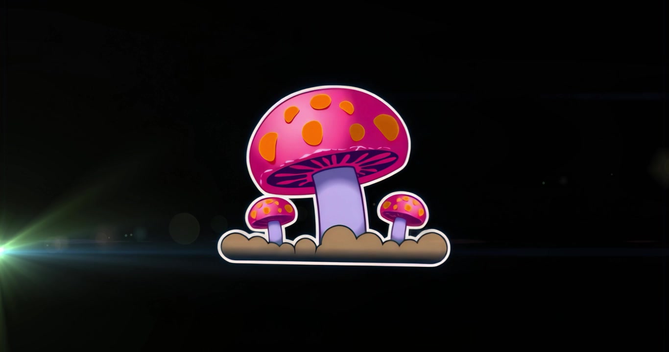 Lens flare sweeping lower left initiating trio mushrooms fading in, pulsing glow showcasing graphic