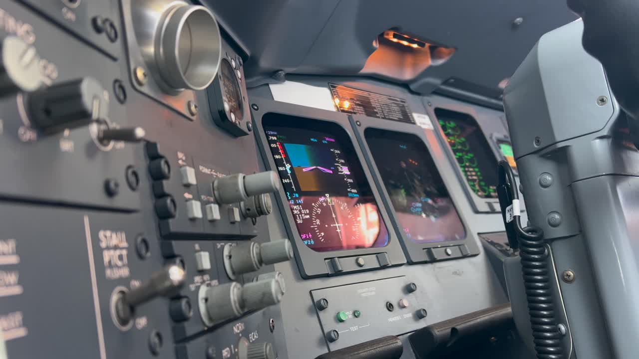 Closeup view of the left hand of a white pilot handling buttons to select the approach and landing speeds in a real flight. 4K 60FPS