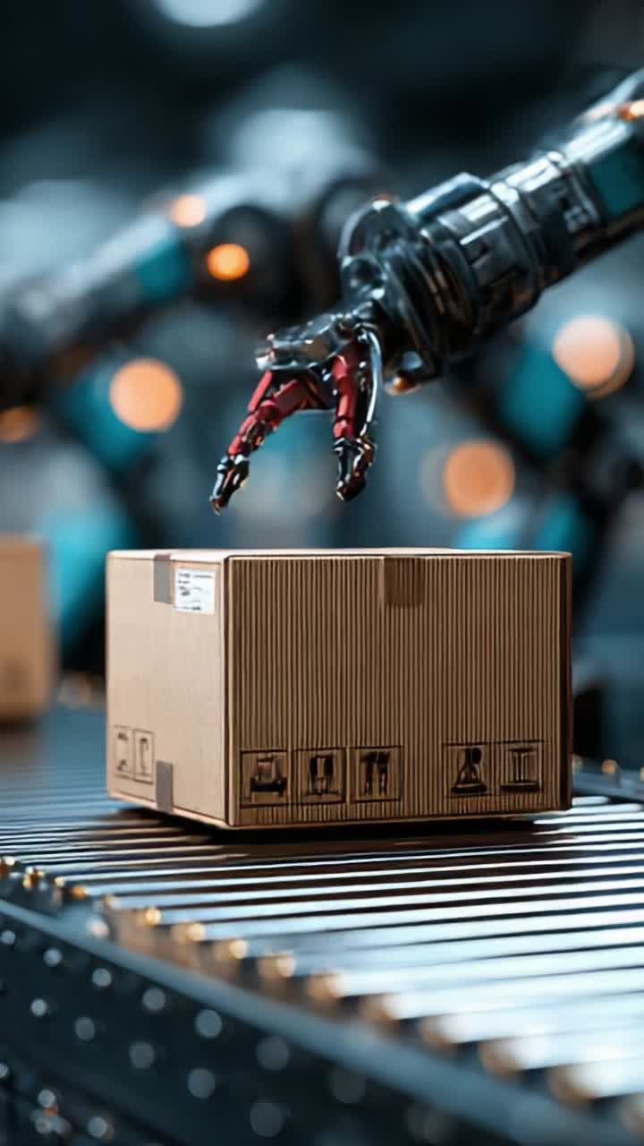 Robotica automatizzata in azione: un braccio robotico gestisce in modo efficiente le operazioni di imballaggio in un ambiente di magazzino high-tech con precisione e velocità