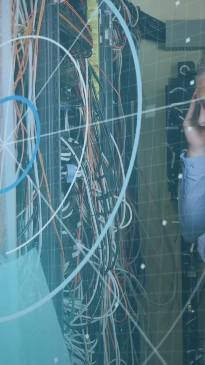 Animation of scope scanning and data processing over caucasian it man computer server