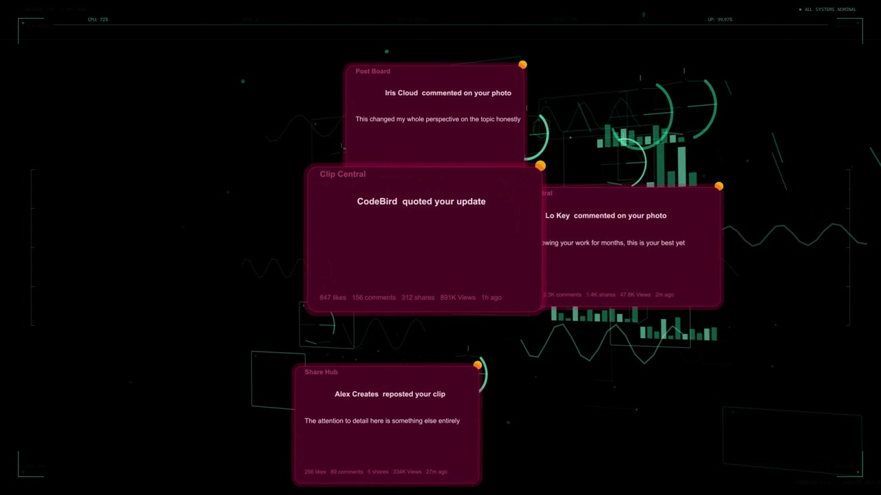 Teal HUD lighting and bar chart activation causing magenta cards fading, stacking center for alerts